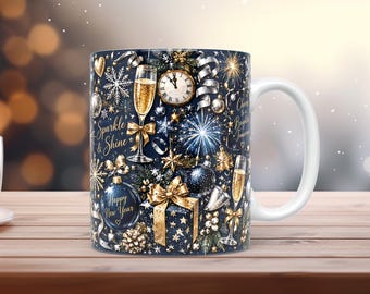 Neujahrs-Tassenband PNG 11oz 15oz Mitternachtsblau Gold Aquarell-Design
