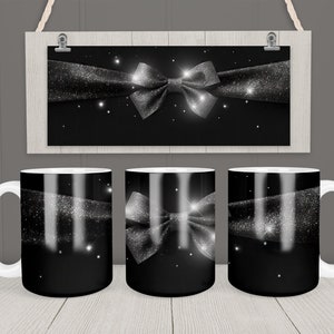 Siler Bow Mug Wrap 11oz & 15oz Template Grey Bow and Ribbon Mug Sublimation Design Instant PNG Download Coffee Mug Deco Design + Free gift