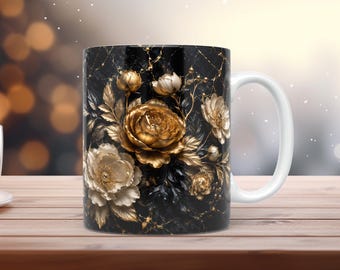 3D Gold Floral Mug Wrap PNG Luxury Black Marble Coffee Mug Design 11oz 15oz Sublimation Template Digital Download