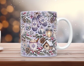 Lila Winter-Tassenhülle (PNG, 11 oz/15 oz), Schneeeule, Aquarell-Sublimationsvorlage