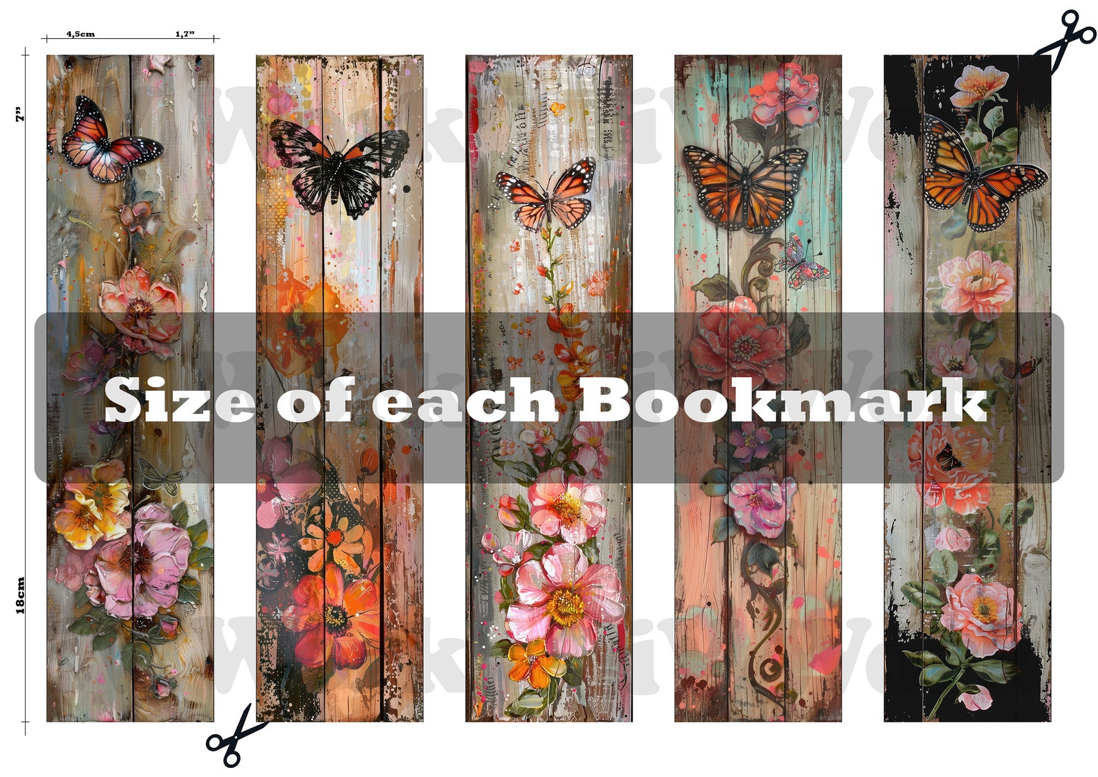Bookmark Printable Set of 10 Vintage Flower & Butterfly on Wooden Plank ...