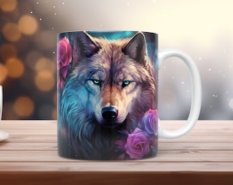 Wolf Mug Wrap 11oz & 15oz Mug Template Wolf in Roses Mug Sublimation Design Instant Digital Download Coffee Mug Wrap Template + Free gift