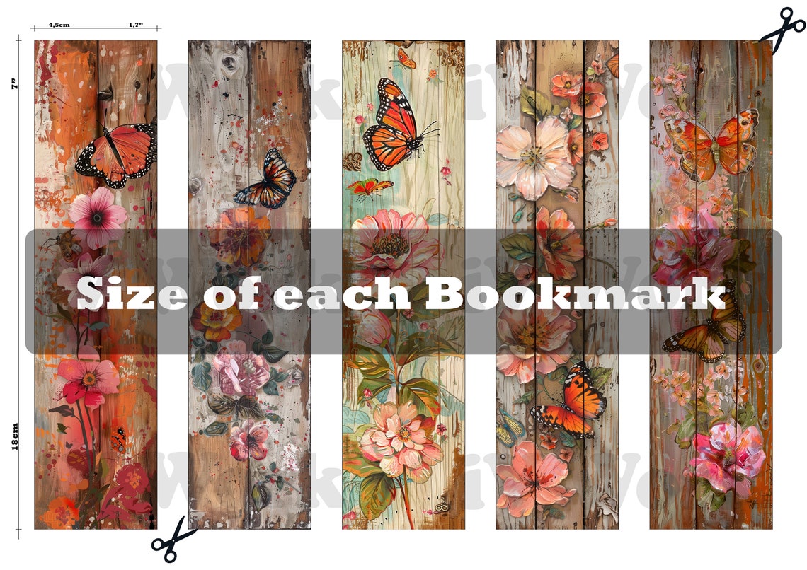 Bookmark Printable Set of 10 Vintage Flower & Butterfly on Wooden Plank ...