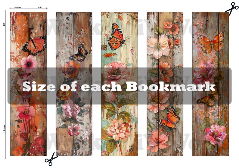 Bookmark Printable Set of 10 Vintage Flower & Butterfly on Wooden Plank ...