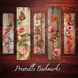 Bookmark Printable Set of 10 Vintage Flower & Butterfly on Wooden Plank ...