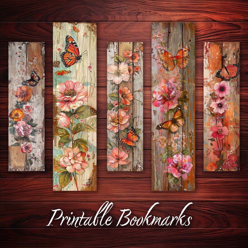 Bookmark Printable Set of 10 Vintage Flower & Butterfly on Wooden Plank ...