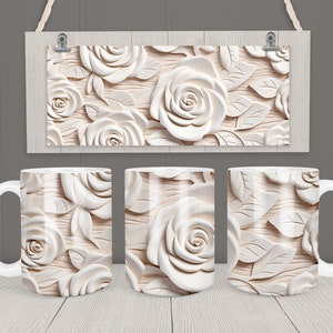 3D Flower Mug Wrap 11oz & 15oz Mug Template Roses on Wood Mug Sublimation Design Instant Digital Download Coffee Mug Design Free gift