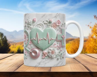 3D Nurse Mug Wrap PNG Sublimation Design 11oz 15oz Floral Medical Coffee Mug Template Digital Download