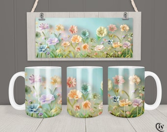 May include: Three white ceramic mugs with a floral design. The mugs feature a pastel blue background with colorful paper flowers in shades of pink, yellow, and blue. The flowers are arranged in a random pattern and appear to be three-dimensional.