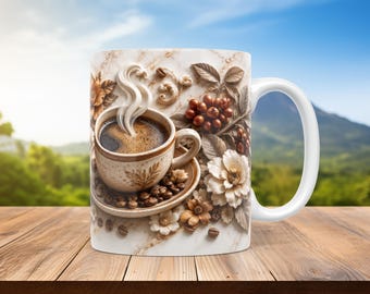 3D Coffee Mug Wrap PNG Sublimation Design 11oz 15oz Floral Coffee Bean Mug Template Digital Download