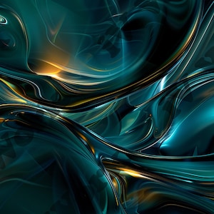 May include: Abstract digital art featuring swirling, flowing, liquid-like shapes in shades of teal and gold.