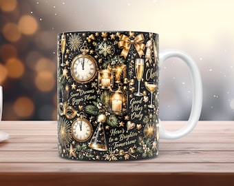 Luxuriöse Neujahrs-Tassenfolie (PNG, 11 oz / 15 oz), Schwarz-Gold-Aquarell, Sublimationsdruck für Silvester