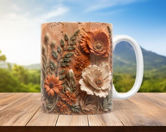 3D Floral Mug Wrap PNG Sublimation Design 11oz 15oz Rustic Wildflower Coffee Mug Template Autumn Digital Download