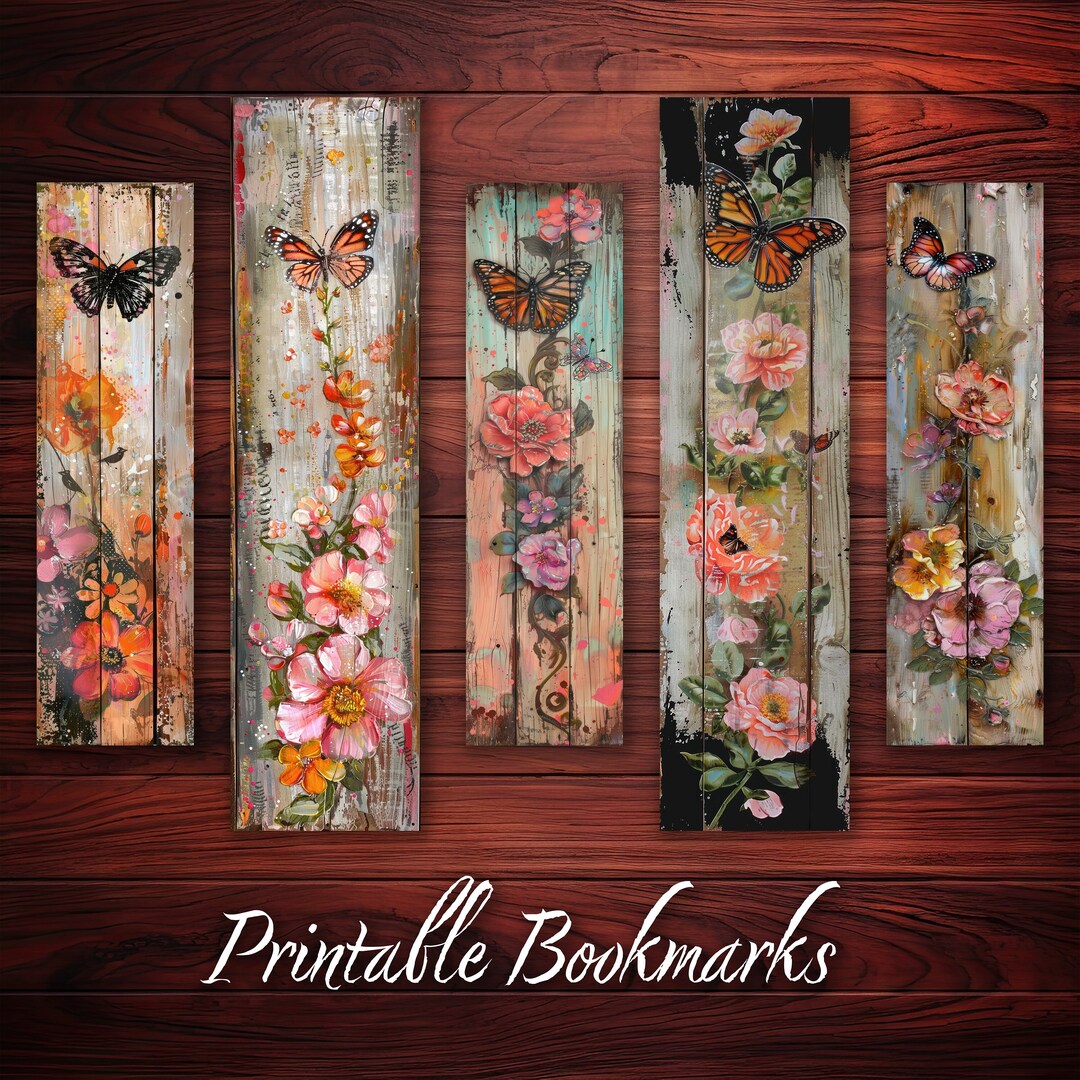 Bookmark Printable Set of 10 Vintage Flower & Butterfly on Wooden Plank ...