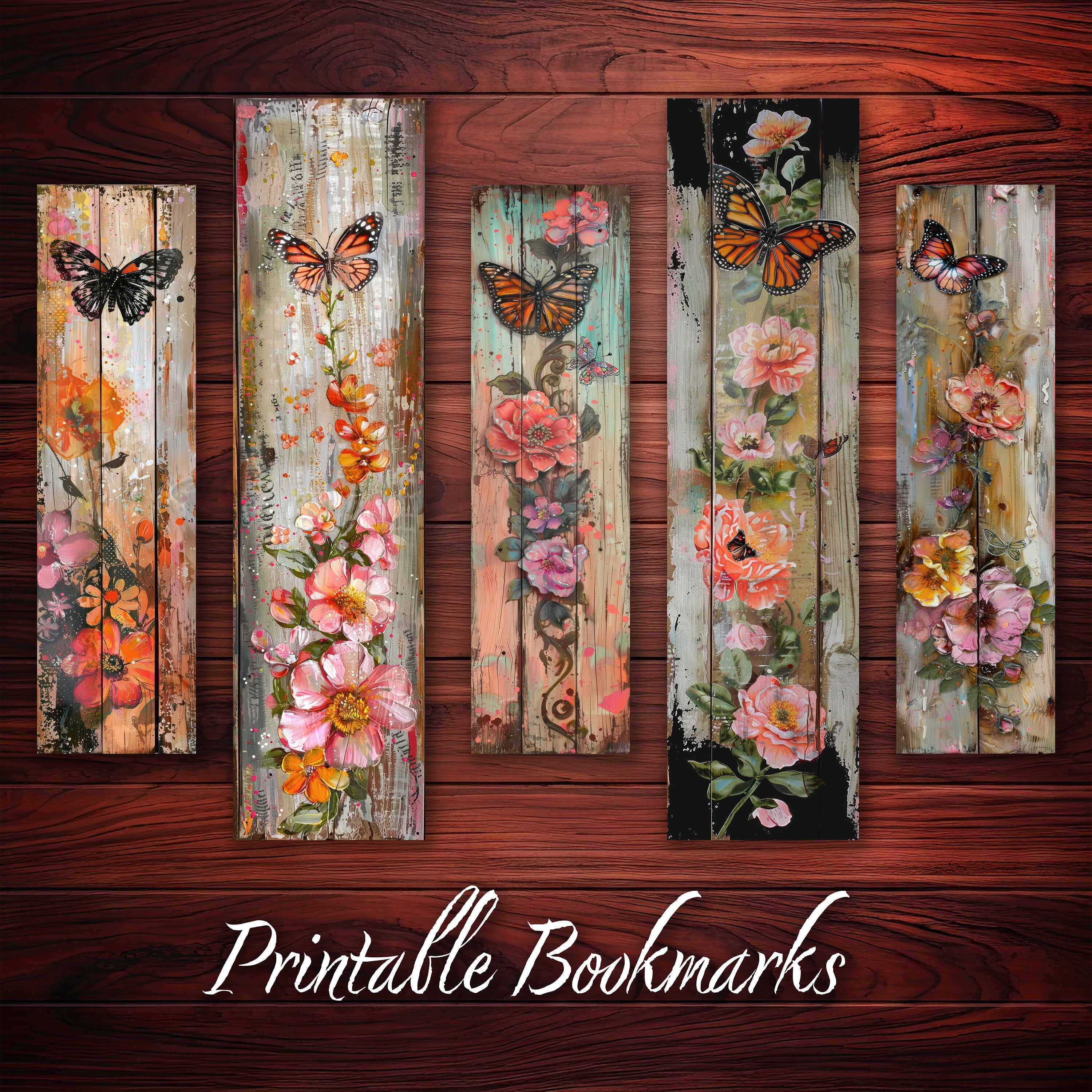 Bookmark Printable Set of 10 Vintage Flower & Butterfly on Wooden Plank ...