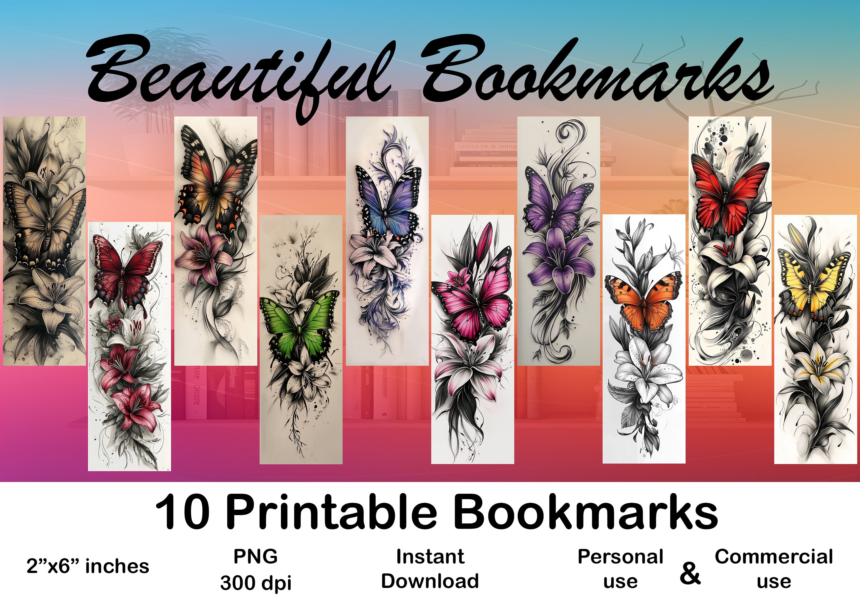 Tattoo Butterfly & Lily Flower Bookmark Set of 10 Beautiful Printable ...