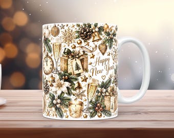 Weihnachtstassen-Etiketten (PNG) 11oz 15oz Goldenes Aquarell-Weihnachtsdesign