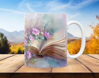 Book and Flower Mug Wrap 11oz 15oz Template Instant Digital Download PNG Mug Sublimation Design DIY Book Lover Deco Gift Idea + Free Gift