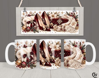 Christmas Mug Wrap PNG 11oz 15oz Burgundy High Heels Winter Fashion Glam Sublimation Design