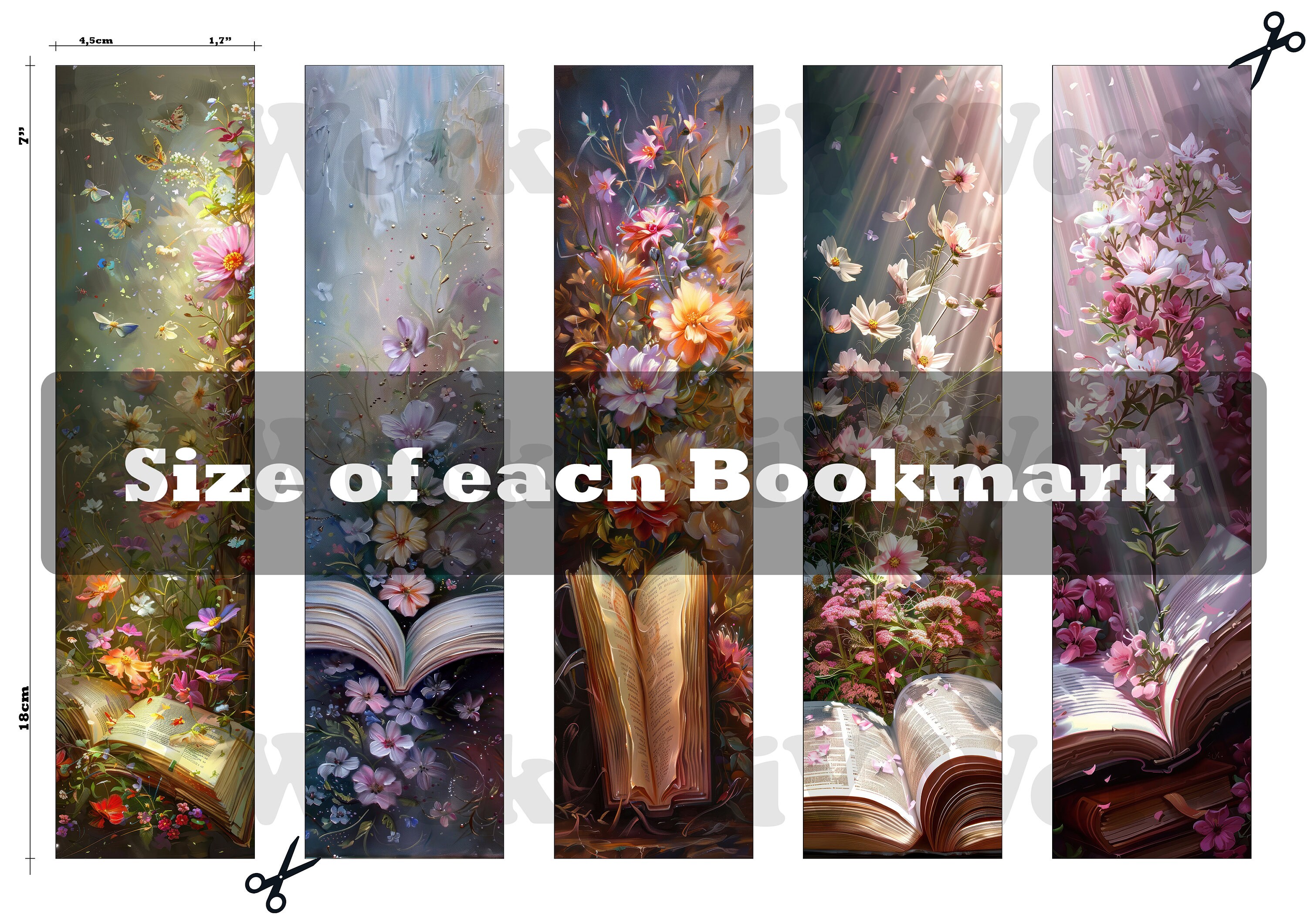 Bookmark Printable Set of 10 Open Book With Blooming Flowers Beautiful ...