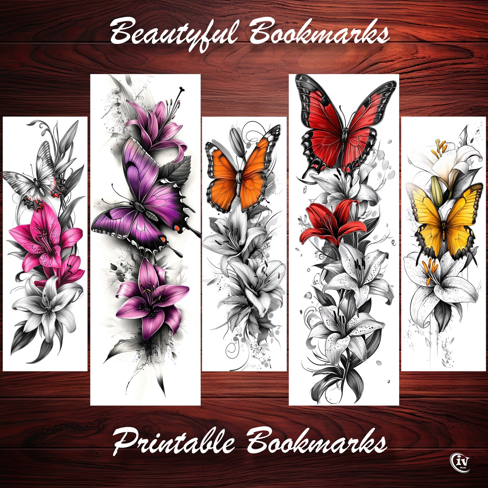 Butterfly & Lily Flower Tattoo Printable Bookmark Set of 10 DIY ...