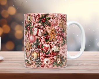 Rosa Weihnachtstassen-Etiketten (PNG, 11oz/15oz), Aquarell-Design, süßes Festtagsdesign