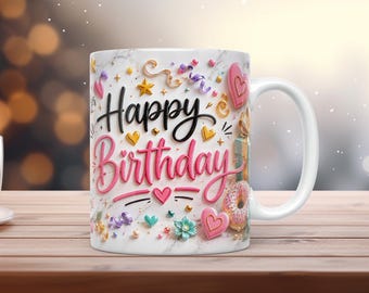 3D Happy Birthday Mug Wrap PNG Sublimation Design 11oz 15oz Pastel Birthday Coffee Mug Template Digital Download