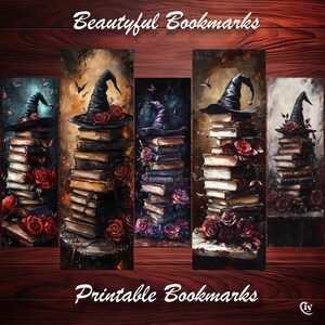 Printable gothic bookmarks with vintage books magical hat dark roses aesthetic book lover gift book decor journaling or scrapbooking tag DIY