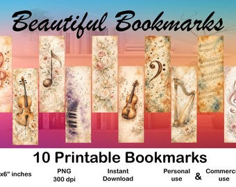 Shabby Chic Music Bookmarks Set of 10 Printable Floral Bookmark Book Lover Gift Vintage Music Journaling Ephemera Digital Downlad