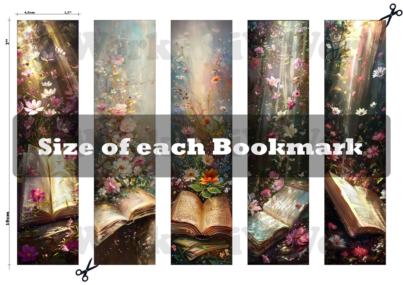 Bookmark Printable Set of 10 Open Book With Blooming Flowers Beautiful ...