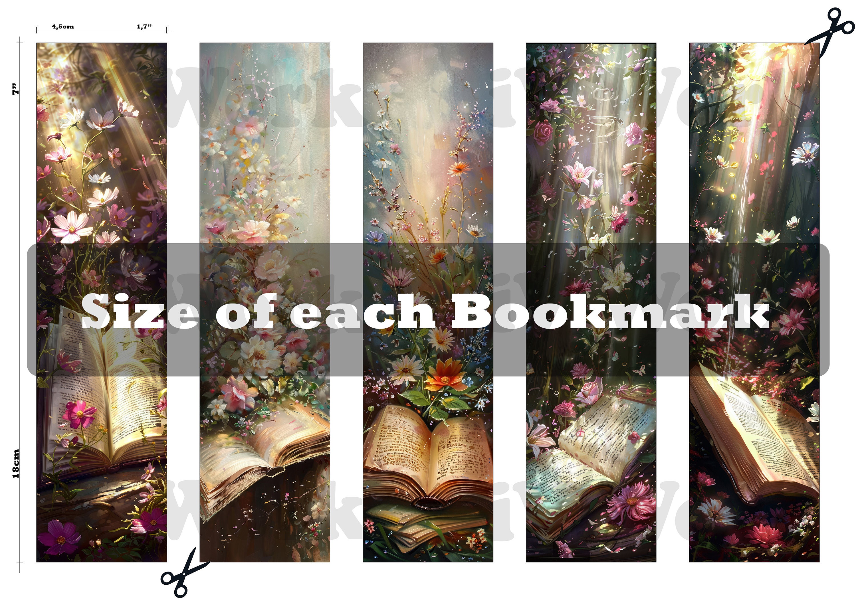 Bookmark Printable Set of 10 Open Book With Blooming Flowers Beautiful ...