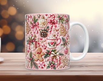 Rosa Weihnachtstassen-Folie (PNG, 11 oz, 15 oz), Aquarell-Lebkuchen-Zuckerstange