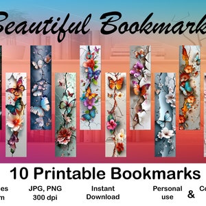 Bookmarks Printable Set of 10 for Book Lovers 3D Floral Butterfly ...