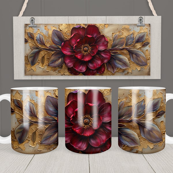 Burgundy Flower Mug Wrap 11oz 15oz Mug Template Flower Sublimation Design Instant Digital Download PNG DIY Deco Elegant Gold Mug + Free Gift
