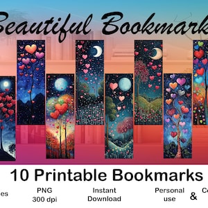 May include: Ten printable bookmarks featuring whimsical illustrations of trees with hearts and moons. Each bookmark is 2 inches by 6 inches and 300 dpi.