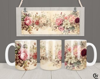 Retro Flower Mug Wrap 11oz 15oz Mug Template Shabby Chic Flower Retro Mug Sublimation Design Instant Download Vintage Mug Wrap + Free gift