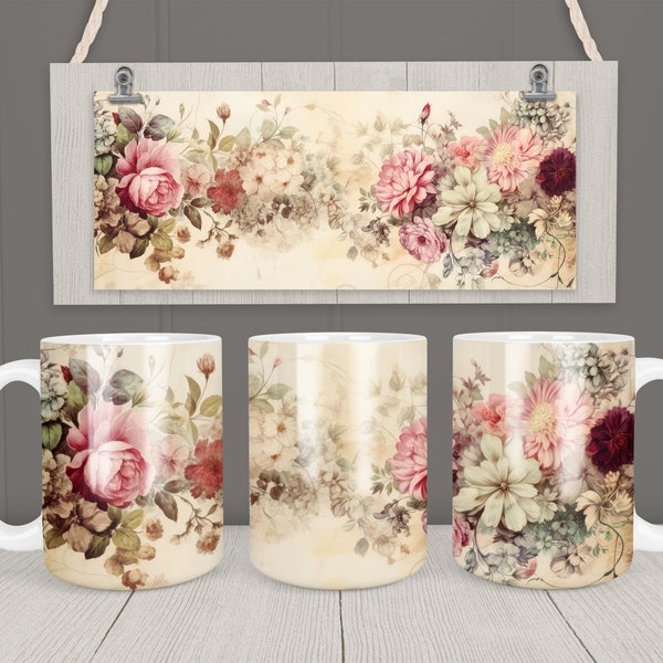 Retro Flower Mug Wrap 11oz 15oz Mug Template Shabby Chic Flower Retro Mug Sublimation Design Instant Download Vintage Mug Wrap + Free gift