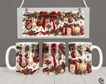 Christmas Mug Wrap PNG 11oz 15oz | Elegant Red Gold Watercolor Christmas Sublimation Design | Free Bookmark