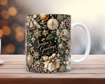 Luxuriöse Weihnachtstassenfolie (PNG, 11 oz, 15 oz), Schwarz-Gold, Aquarell, Sublimationsdruck