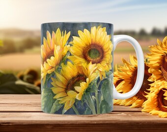 Aquarell Sonnenblume Mug Wrap Sublimationsvorlage 11 Unzen 15 Unzen Kaffeetasse PNG Blumen Kunst Design DIY Geschenkidee Sofort-Download + Gratis Geschenk