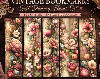 Printable bookmarks vintage soft dreamy floral set in blush pink for book lovers journaling gift Digital Download