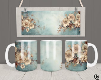 Vintage Flower Mug Wrap 11oz 15oz Mug Template Shabby Chic Flower Retro Mug Sublimation Design Instant Download Coffee Mug Wrap + Free gift