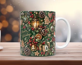 Weihnachtliches Grün-Tassen-Etui (PNG, 11oz/15oz) – Aquarell-Weihnachts-Sublimationsdesign