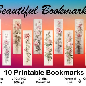 Vintage Rose Bookmark Printable for Book Lover Bookmark Set of 10 Digital Bookmark Gift for Her Love Print Bookmark Design Shabby Chic DIY