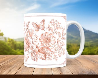 Vintage Floral Mug Wrap PNG Sublimation Design 11oz 15oz Rose Butterfly Coffee Mug Template Digital Download