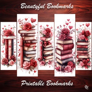 Romantic Printable Bookmarks Set With Red Books Roses and Hearts ...
