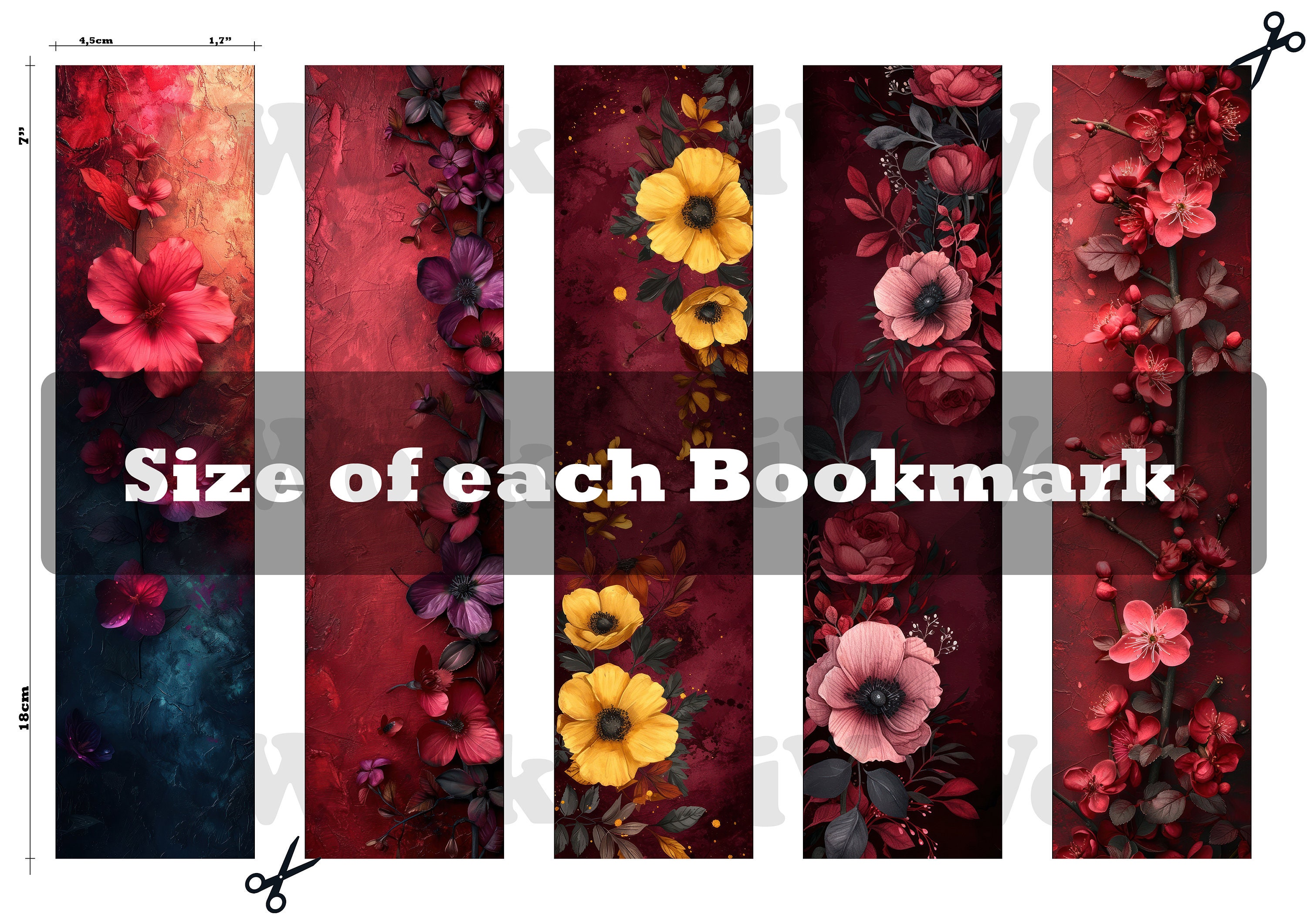 Bookmark Printable Set of 10 Bright Burgundy & Minimalist Flowers ...