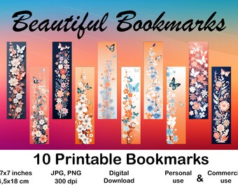 May include: Ten printable bookmarks featuring floral designs with butterflies. Each bookmark is 1.7 inches by 7 inches and 300 dpi. The bookmarks are available for personal and commercial use.