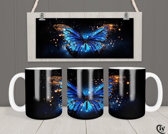 Involucro tazza a farfalla Modello tazza da 11 once e 15 once Design a sublimazione della tazza a farfalla blu Download digitale istantaneo Design tazza da caffè Regalo gratuito