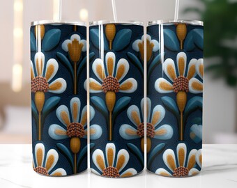 Retro Folk Floral Tumbler Wrap PNG 20oz 30oz Skinny Boho Scandinavian Seamless Straight Tapered